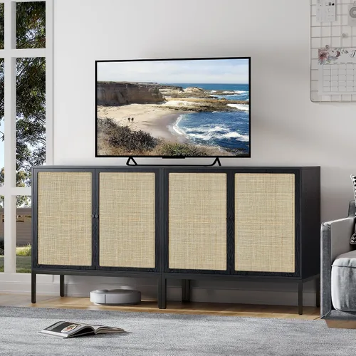 Miniatura 8 de Brafab Aparador negro con puertas decoradas de ratán natural, 31.5 pulgadas de ancho, armario de almacenamiento de ratán Credenza, gabinete bohemio