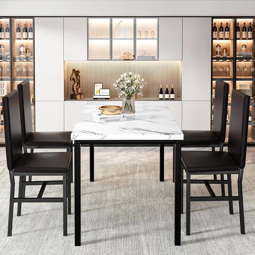 Miniatura 6 de Juego de 4 mesas de comedor para 4, juego de 4 mesas y sillas de cocina de mármol sintético, juego de mesa de comedor moderno con 4 sillas de cuero