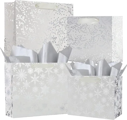 Miniatura 11 de UNIQOOO 12 bolsas de regalo de Navidad doradas metálicas a granel con asa, grandes de 12.5 x 10 pulgadas, bolsas de papel geométrico moderno surtido