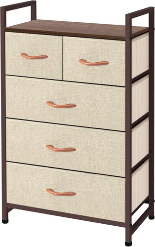 Unidad organizadora de tela con 5 cajones, fácil montaje, torre de almacenamiento vertical para armario, dormitorio, entrada, beige