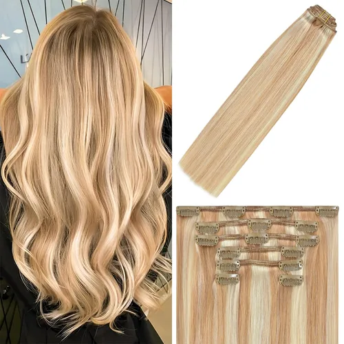 Miniatura 56 de WindTouch - Extensiones de cabello humano Remy con pinzas, color rubio decolorado combinado con balayage, para cabello rubio, 2.47 onzas, N.°