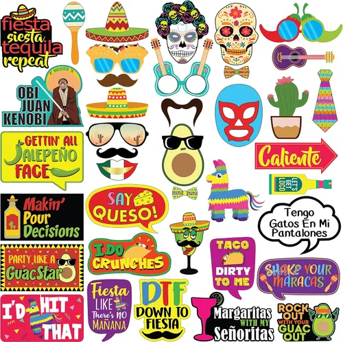 Accesorios para cabina de fotos Fiesta - 40 piezas - Suministros para fiestas mexicanas del Cinco de Mayo, decoraciones y regalos
