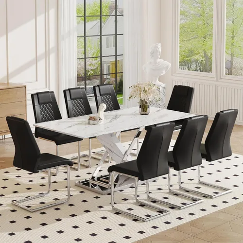 Miniatura 11 de Juego de mesa de comedor de mármol para mesa rectangular blanca de 4.63 pulgadas con marco de metal plateado en forma de X y 4 sillas de comedor