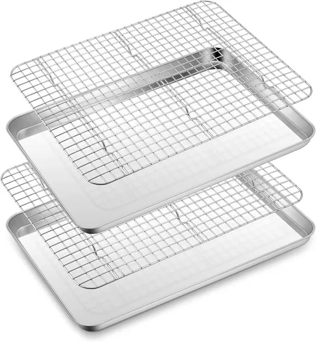 Miniatura 10 de E-far - Juego de bandejas para hornear para horno tostador, bandeja pequeña de acero inoxidable de 10.5 x 8.3 pulgadas con rejilla de alambre