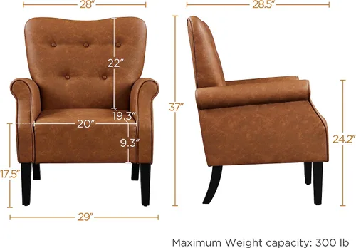Miniatura 3 de Yaheetech - Sillón moderno, silla decorativa de cuero sintético PU estilo mediados del siglo XX con patas de madera resistentes y respaldo alto