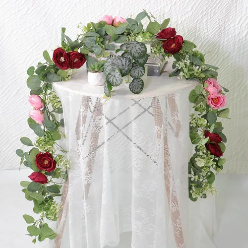 Miniatura 20 de TOCHGREEN Paquete de 2 Guirnaldas de Flores de Eucalipto Artificial de 12 Pies con Rosas Champán, Guirnalda de Flores de Rosa Falsa Verdor