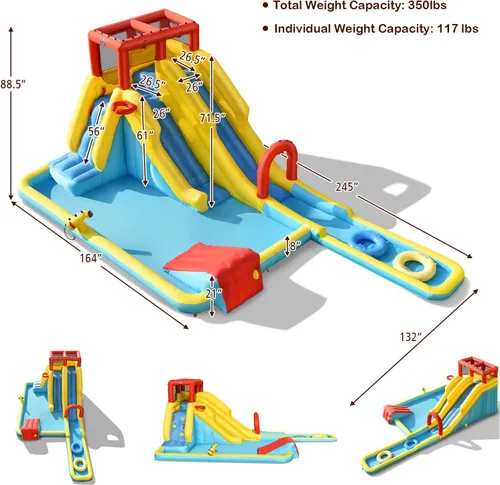 Miniatura 2 de BOUNTECH Tobogán acuático inflable, toboganes de surf duales para niños, parque de toboganes de agua, castillo inflable con 2 anillos de natación