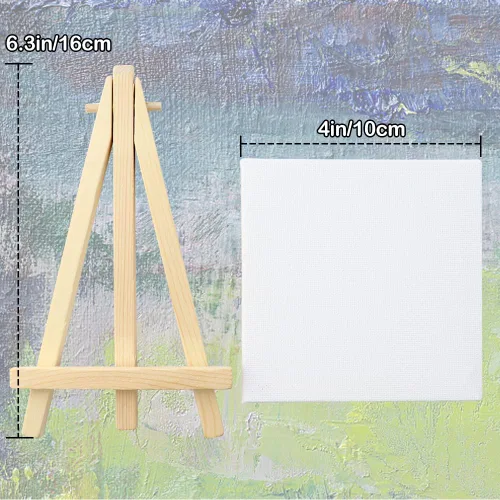 Miniatura 3 de Juego de 4 mini lienzos para pintar con caballete, paneles de lienzo blanco estirados de 4 x 4 pulgadas, caballetes de madera para adultos y niños