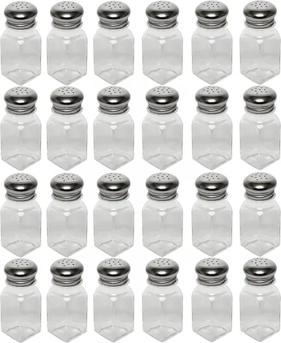 TrueCraftware - Juego de 24 saleros y pimenteros de vidrio cuadrados clásicos de 2 onzas con tapas de hongos de acero inoxidable, juego de 24 -