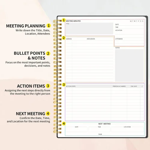 Miniatura 2 de SUNEE Cuaderno de reuniones para el trabajo con pestañas adhesivas, 160 páginas, planificador de proyectos de tamaño A4, agenda de reuniones en Negro