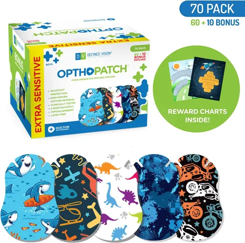 Miniatura 2 de Parches para ojos para niños, diseño divertido para niños, 60+10 vendajes adhesivos extra sensibles de algodón hipoalergénico sin látex