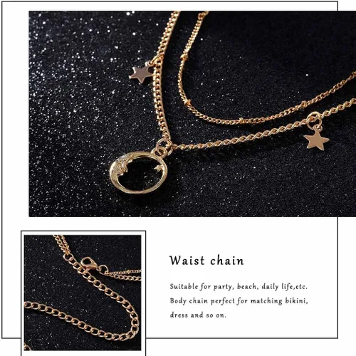 Miniatura 6 de Florry Cadena de cintura con cuentas elegantes, cadena de vientre de luna y estrella, joyería para el vientre de playa, dije de luna, cadenas