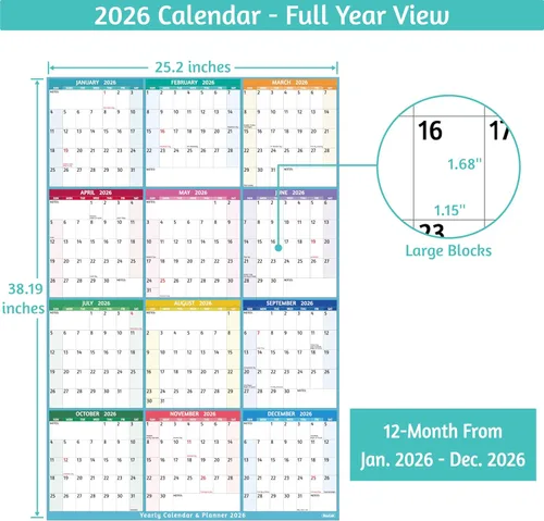 Miniatura 3 de Calendario anual de pared 2026 – Calendario anual grande 2026 vetical, enero 2026 – diciembre 2026, 25.2 x 38.2 pulgadas (abierto), calendario 2026