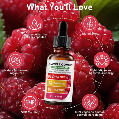 Miniatura 5 de Complejo de vitamina B12 con suplemento líquido de frambuesa B1, B6, vitamina B12, vitamina esencial 5 en 1 complejo de vitamina B, función
