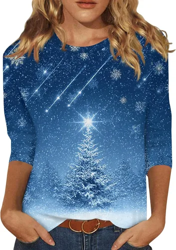 Miniatura 131 de Camisetas de manga 3/4 para mujer, cuello redondo, holgadas, casuales, con estampado floral, camisetas de moda para el trabajo de negocios