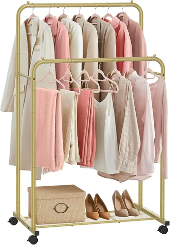 Miniatura 12 de SONGMICS Perchero de doble barra con ruedas, perchero para colgar ropa, perchero resistente con estante de almacenamiento de malla, 2 frenos, cada