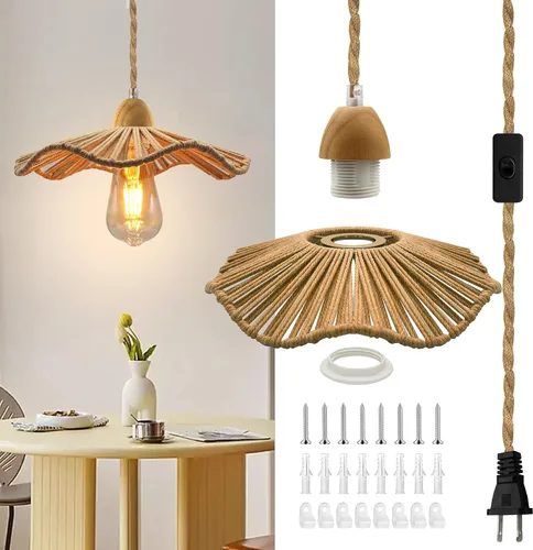 Miniatura 11 de Luces colgantes rústicas de granja con cable enchufable, cable de cuerda de cáñamo trenzada de 16.7 pies, pantalla tejida de cáñamo de 23x10 cm