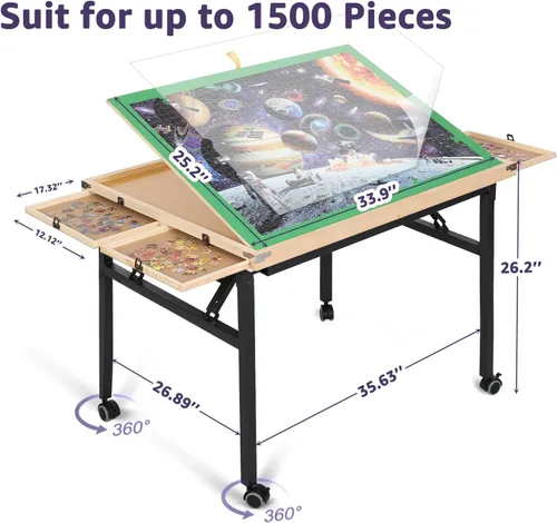 Miniatura 2 de Mesa de rompecabezas con cajones, mesa de rompecabezas ajustable de 3 ángulos sobre ruedas, 1500 piezas, patas de metal plegables y cubierta