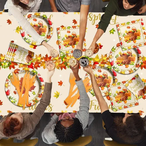 Miniatura 6 de Decoraciones de fiesta de Acción de Gracias para amigos, 142 piezas de vajilla de otoño incluye platos de papel, mantel, tazas. Decoraciones