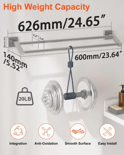 Miniatura 2 de Alise Toalleros dobles de baño para baño, soporte de pared de 24 pulgadas, resistente acero inoxidable SUS304, toallero para toallas, níquel Níquel