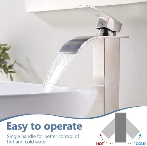 Miniatura 3 de Grifo de lavabo alto de níquel cepillado con boquilla de cascada, grifo alto de baño de una sola manija, sobre mostrador, grifo de lavabo de tocador