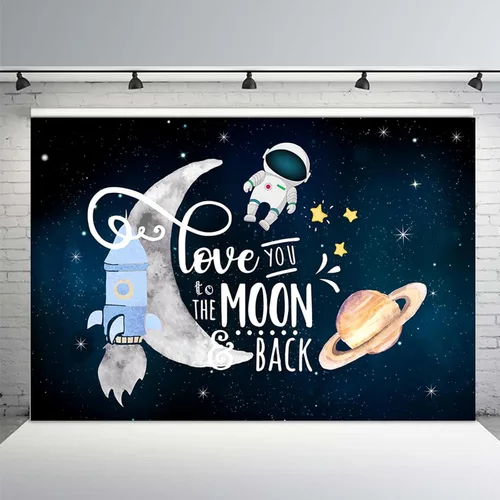 Miniatura 2 de MEHOFOND Telón de fondo Love You to The Moon and Back, decoración de fiesta de baby shower, espacio exterior, cohete astronauta, pastel