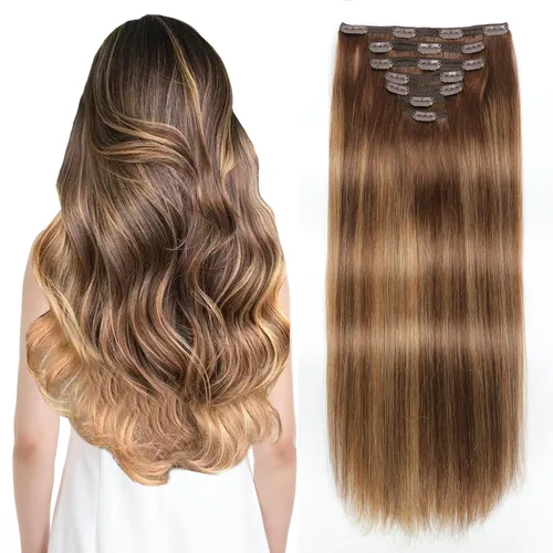 Miniatura 14 de Sisily - Extensiones de cabello con clip de cabello humano real, 30 cm 70 g, balayage de marrón chocolate a rubio, 100% cabello humano Remy