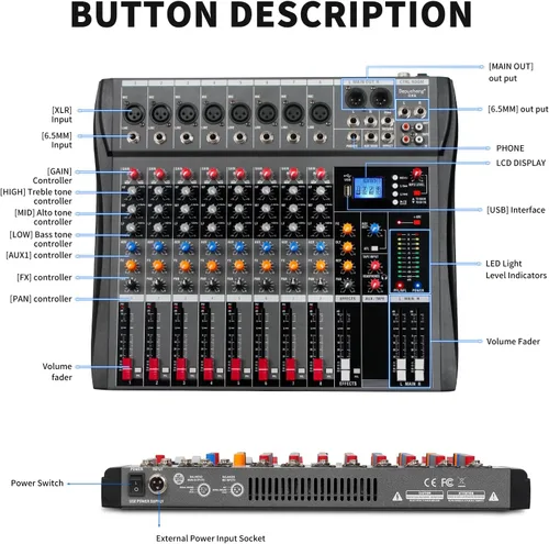 Miniatura 6 de Depusheng Mezclador de audio profesional de 8 canales, tablero de sonido DX8, interfaz de sistema de consola de mezcla de DJ, entrada USB MP3