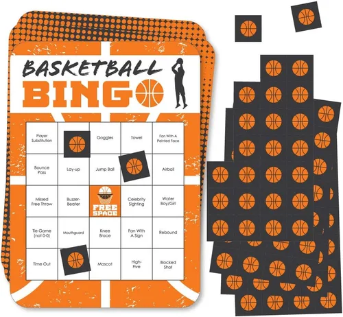 Big Dot of Happiness Baloncesto - Let The Madness Begin - Tarjetas de bingo y marcadores de bar - Juego de bingo de baloncesto universitario - Juego