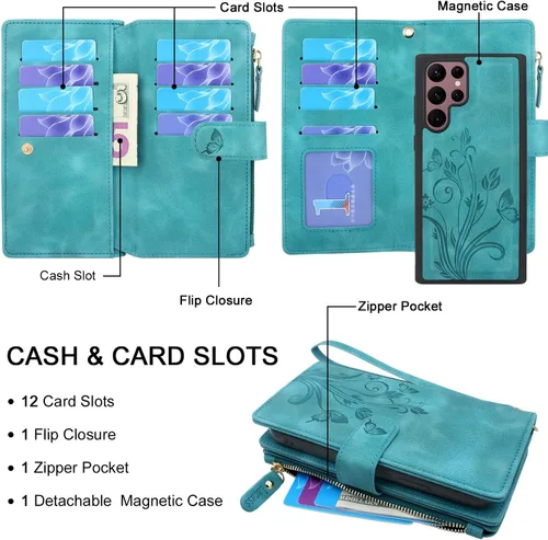 Miniatura 2 de Funda para Samsung Galaxy S22 Ultra [12 ranuras para tarjetas] Soporte para efectivo de crédito de identificación, bolsillo con cremallera, imán