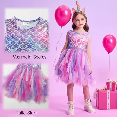 Miniatura 4 de DXTON Vestidos tutú para niñas pequeñas, vestido de verano de tul de sirena para fiesta de cumpleaños para 3-8 años