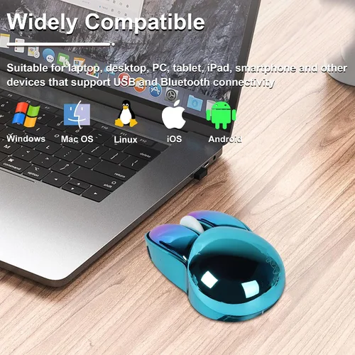 Miniatura 7 de Ratón inalámbrico Bluetooth lindo conejito de doble modo ratón portátil pequeño 2.4G ratón óptico con receptor USB silencioso azul Kawaii conejo