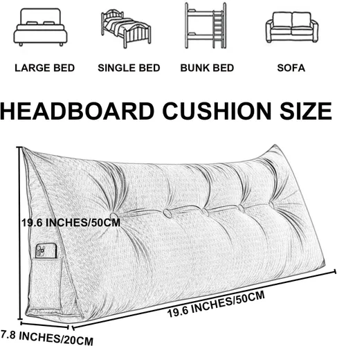 Miniatura 7 de Almohada grande de cuña de lectura, cojín de terciopelo para cabecero, respaldo triangular, color liso, para cama de día, litera, dormitorio