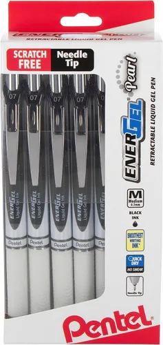 Pentel EnerGel PEARL - Bolígrafo retráctil de gel líquido, línea media de 0.028 in, punta de aguja, tinta negra, paquete de 12 cajas con ventana