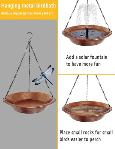 Miniatura 8 de Baño colgante para pájaros para exteriores, comedero de pájaros de metal de cobre antiguo con cadenas negras inoxidables de 17 pulgadas