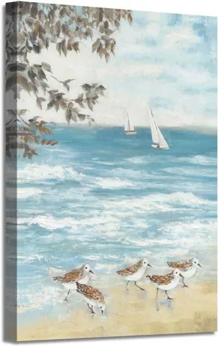 Miniatura 12 de Arte de pared enmarcado costero abstracto, imagen de silla de playa, pintura moderna del océano, impresiones de paisaje marino relajante, decoración