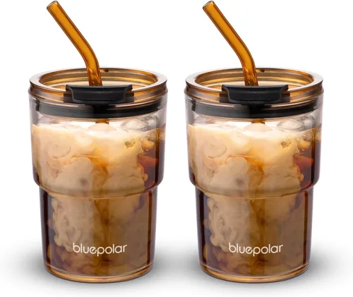 Miniatura 16 de BLUEPOLAR - Vaso de agua de vidrio de 13 oz/400 ml con popote y tapa sellada para llevar, vaso de café helado de pared gruesa, vaso de vidrio