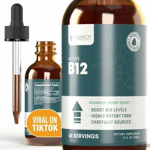 Rejuvica Health Suplemento líquido activo B-12 B12, apoya la energía y un sistema nervioso saludable - Práctico gotero líquido que absorbe
