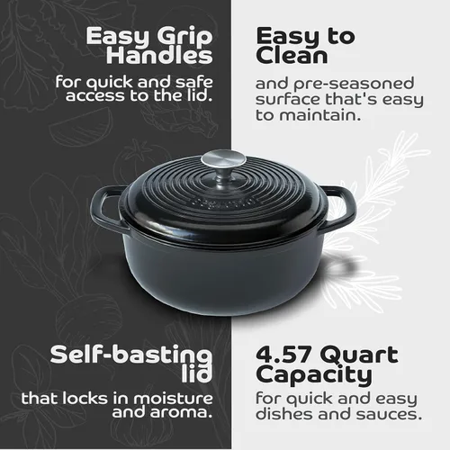 Miniatura 5 de Segretto Cookware Horno holandés de hierro fundido esmaltado con asa, 4.57 cuartos de galón, negro de 4.57 cuartos de galón, apto para horno, olla