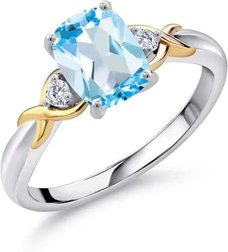 Miniatura 26 de Gem Stone King Anillo de compromiso de 3 piedras preciosas de plata 925 y oro amarillo de 10 quilates de 0.315 x 0.236 in de talla cojín y diamante