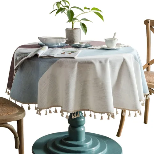 Mantel redondo rústico de lino de algodón a rayas con borlas, funda resistente para mesa de cocina, comedor, decoración de Navidad (azul y marrón,