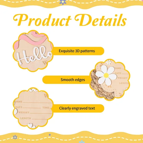 Miniatura 3 de Letrero de anuncio de madera para recién nacido, Butterfly Daisy Hello World Board, letreros de bienvenida para recién nacidos con decoraciones