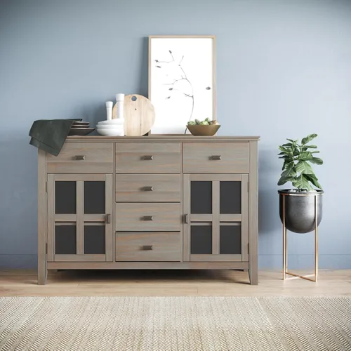 Miniatura 2 de SIMPLIHOME Artisan Buffet - Aparador de 3 puertas de madera maciza de 54 pulgadas de ancho en gris envejecido, gabinete de almacenamiento