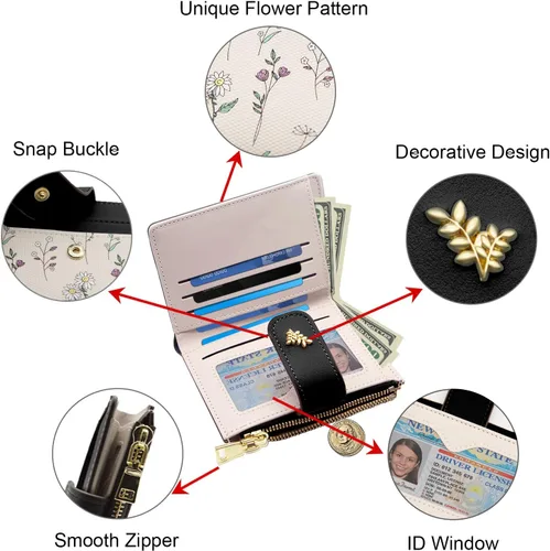 Miniatura 5 de LJCZKA Billeteras pequeñas para mujer, de piel plegable, con cremallera, bolsillo con cremallera, tarjetero floral, para niñas y mujeres con ventana
