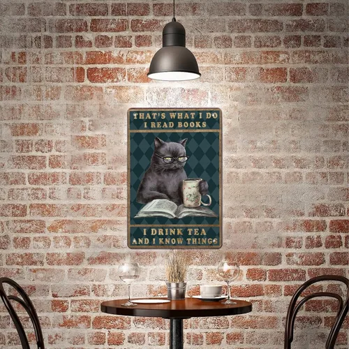 Miniatura 6 de Cartel de metal de aluminio con texto en inglés "Cat Kitty-I Read Books And Drink Tea", regalo para amantes de los gatos, para baño, jardín