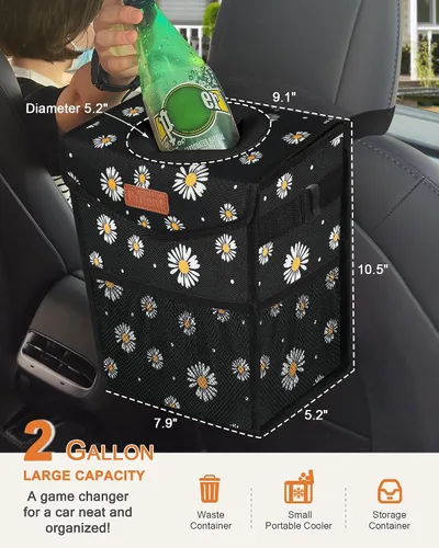 Miniatura 2 de Pritent Bote de basura para automóvil con tapa, bonito cubo de basura a prueba de fugas para colgar del vehículo, pequeño organizador portátil
