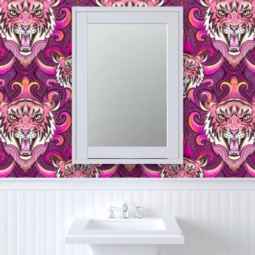 Miniatura 9 de Spoonflower Muestro de papel tapiz extraíble - Pink Tigers Purple Orange Maximalist XL Jungle - Papel pintado prepegado personalizado
