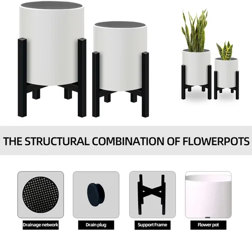 Miniatura 5 de Juego de 2 macetas con soportes, macetas de mediados de siglo para plantas de interior, macetas decorativas modernas para flores para balcón, Blanco