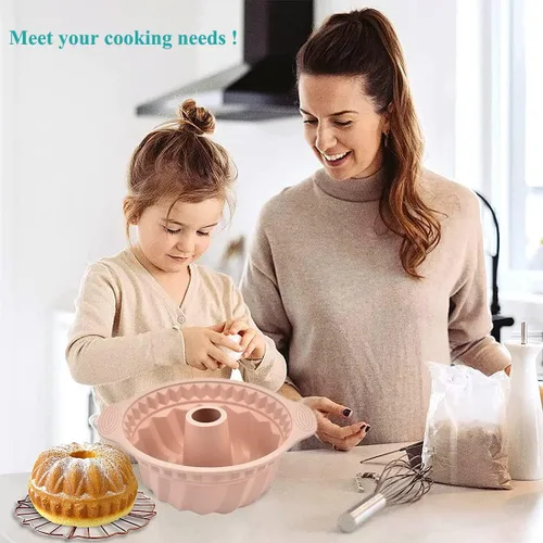 Miniatura 4 de Kenond 2 piezas de moldes de silicona para pastel de 9.5 pulgadas, molde para hornear pastel con asa resistente, moldes para hornear pasteles, Rosa