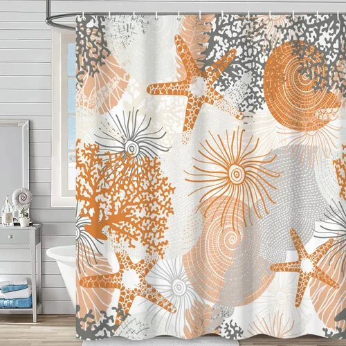 Miniatura 11 de Cortina de ducha náutica costera, cortina de baño con temática de playa y océano, decoración de baño con estrella de mar, coral, concha marina, tela
